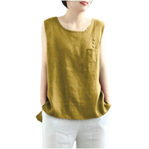 Jalioing Cotton Linen Tops Women's Summer Cotton Linen Tank Tops Crew Neck Sleeveless Loose Shirts with Pocket