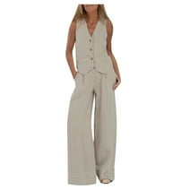 Jalioing Cotton Linen Vest 2 Piece Set for Women Sleeveless Button Tank Palazzo Trousers Solid Color Casual Cozy Suit (Medium, Beige)