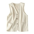 thumbnail image 1 of Jalioing Cotton Linen Women's Sleeveless Cardigan Undershirt V-Neck Single-Breasted Pocket Vest (X-Large, White), 1 of 7