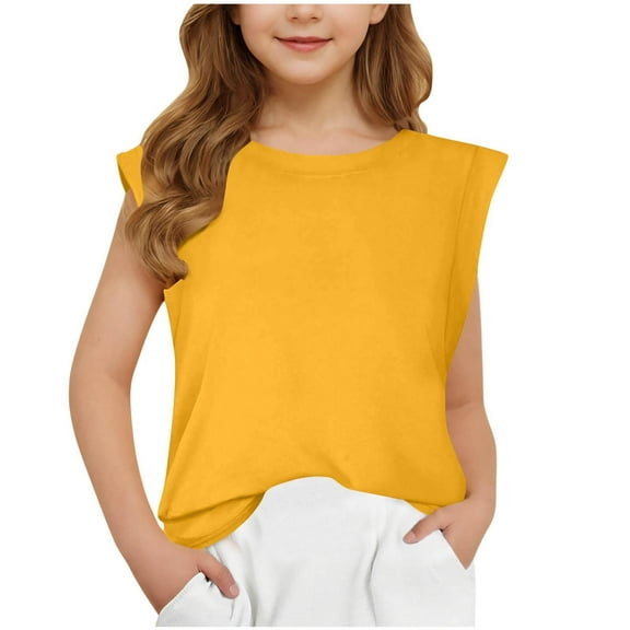 Jalioing Crew Neck Summer Shirts for Girls Cap Sleeve Summer Casual Cute Blouses Tops Kids Loose Plain Tee