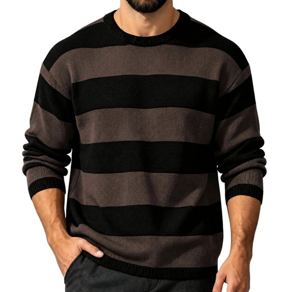 Jalioing Crew Neck Sweaters Men Casual Striped Long Sleeve Pullover Sweater Fashion Basic Fall Knitted Sweater Tops