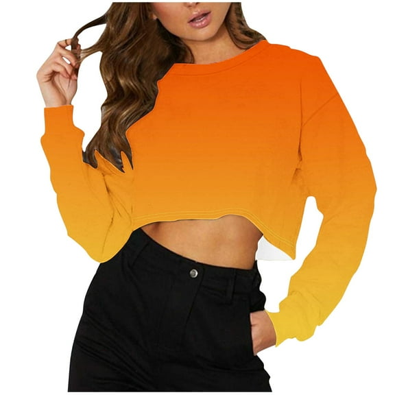 Jalioing Crop Tops for Women Gradient Crew Neck Long Sleeve Trendy Tops Summer Fashion Going Out Shirts