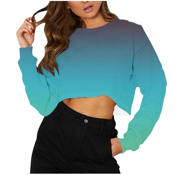 Jalioing Crop Tops for Women Gradient Crew Neck Long Sleeve Trendy Tops Summer Fashion Going Out Shirts