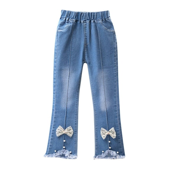 Jalioing Denim Pant for Child Girl Elastic High Waist Flare Jeans Solid Color Mesh Bow Hem Casual Pants (2-3 Years, Beige)
