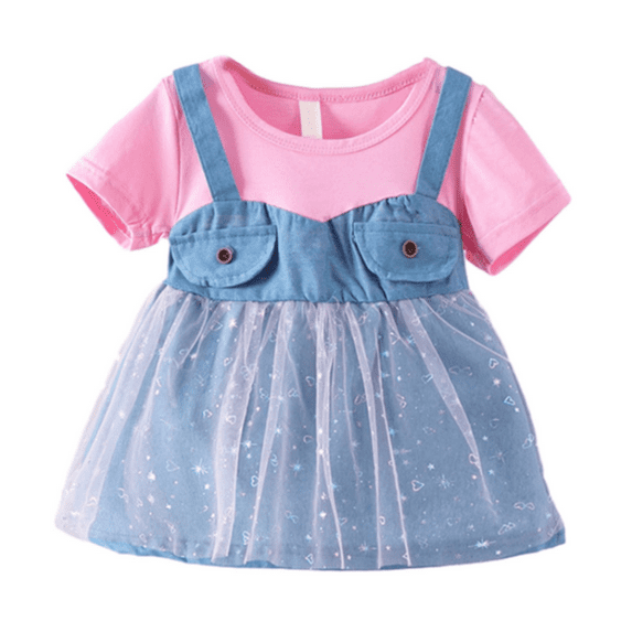 Jalioing Denim Tulle Dress for Baby Toddler Girl Star Mesh Summer Sundress Short Sleeve Crew Neck Cute Dresses