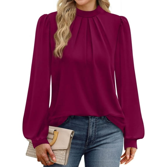 Jalioing Dressy Work Tops for Women Fashion Long Sleeve Mock Neck Pleated Shirt Business Casual Blouses