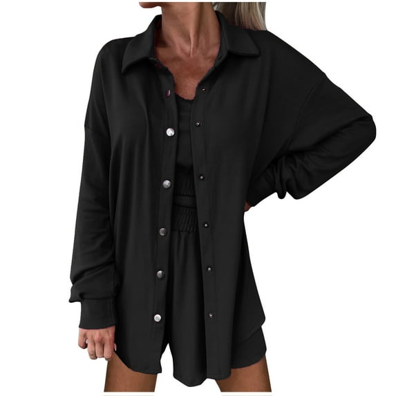 Jalioing Fall 3 Piece Sport Suits for Women Solid Color Tank Button Shirt with Baggy Shorts Casual Outfits (X-Large, Black)