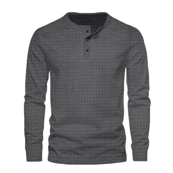 Jalioing Fall Casual Shirts for Men Button Crew Neck Long Sleeve T Shirt Fashion Loose Solid Texture Tops