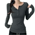 thumbnail image 1 of Jalioing Fall Tops for Women Button Crew Neck Long Sleeve Slim Shirts Basic Casual Plain Tees Fashion Outfits, 1 of 4