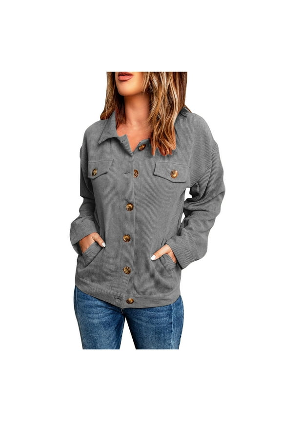 Fall Winter Corduroy Coats for Women Single-Breasted Lapel Long Sleeve Warmth Outwear with Pockets (Small, Gray)