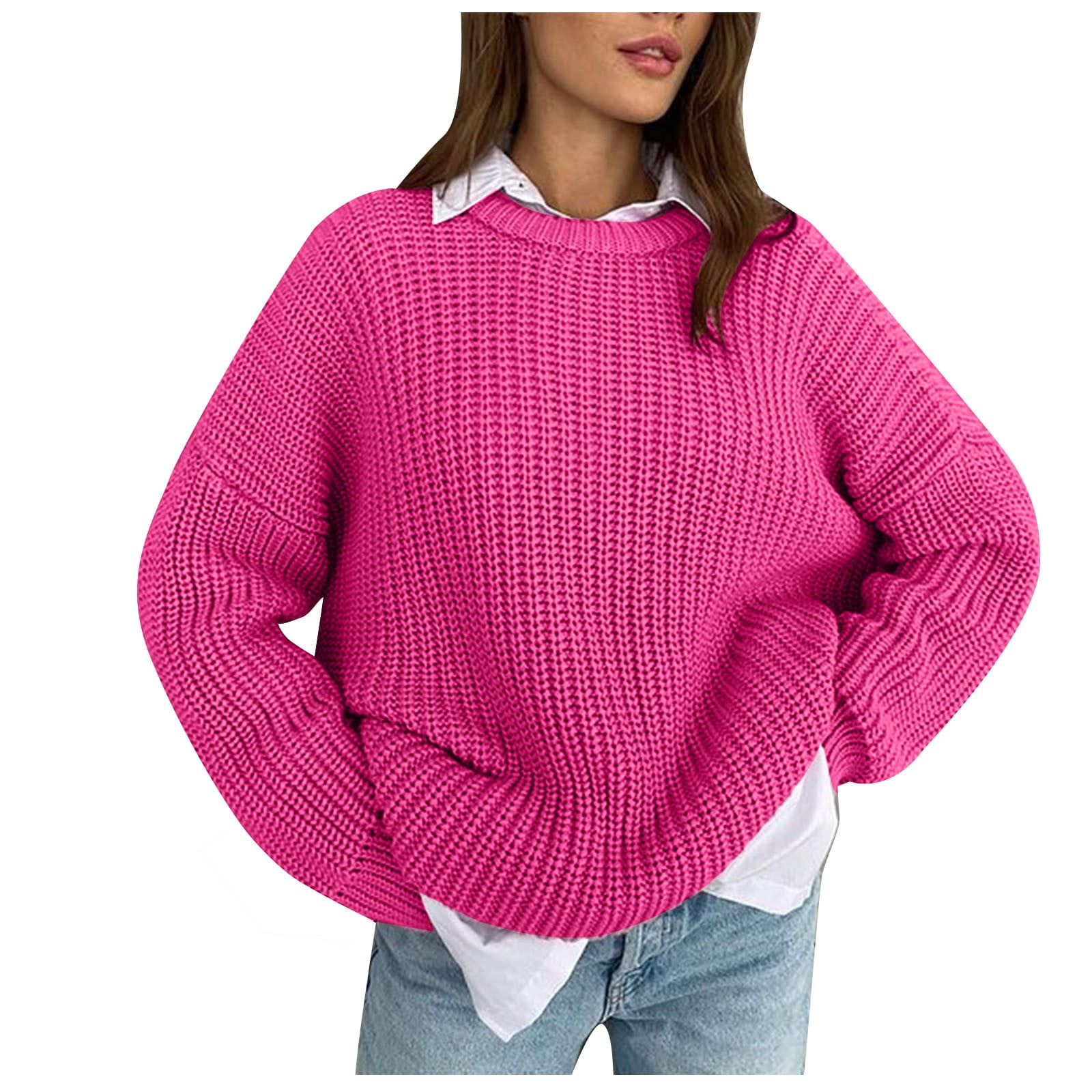 Jalioing Fall Winter Long Sleeve Knit Sweater for Women Crewneck Solid Color Casual Baggy Basic Sweaters Medium Hot Pink Walmart