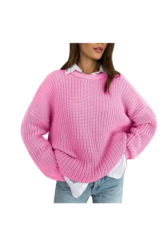 Fall Winter Long Sleeve Knit Sweater for Women Crewneck Solid Color Casual Baggy Basic Sweaters (Medium, Pink)