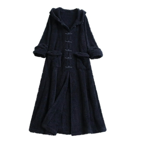 Jalioing Fall Winter Thermal Sweater for Women Double-Faced Fleece Solid Color Hooded Long Coats with Pockets (3X-Large, Navy)