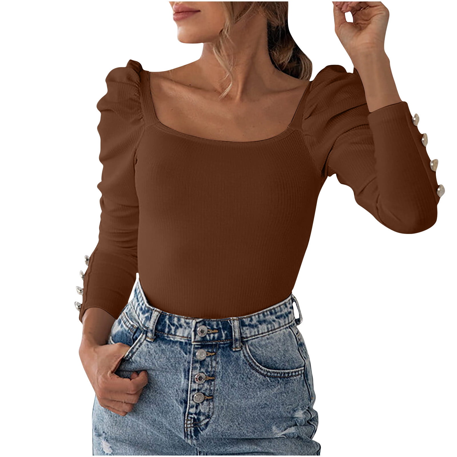 Jalioing Fall Winter Undershirts for Women Pleated Long Sleeve Solid