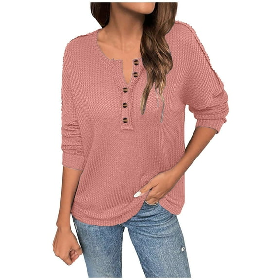 Jalioing Fashion Long Sleeve Shirts for Women Fall Casual V Neck Button Blouses Loose Solid Pullover Tee