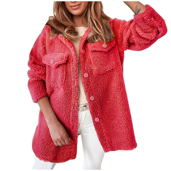 Jalioing Fleece Coat for Women Lapel Button Solid Color Long Sleeve Comfy Soft Warmth Outwear with Pockets (X-Large, Red)