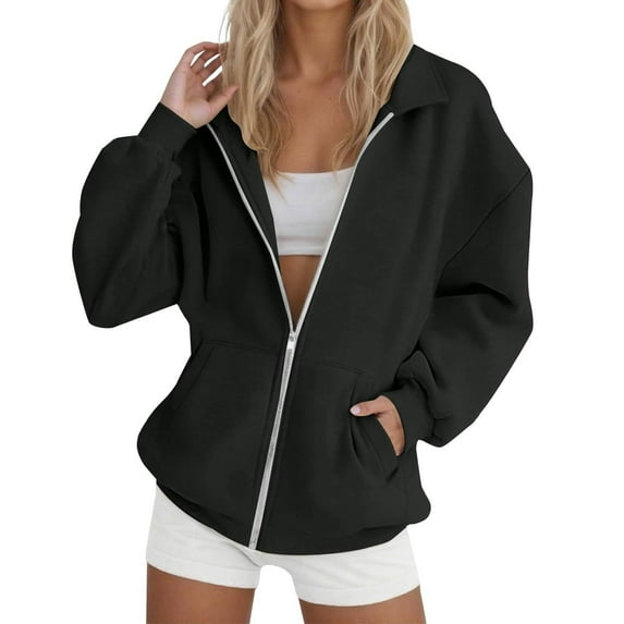 Jalioing Full Zip Athletic Sweatshirts for Women Solid Long Sleeve Collared Jacket Casual Sport Hoodies with Pocket