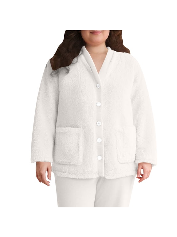 Fuzzy Lounge Coat for Women Winter Button Down Fleece Jacket with Pocket Solid Casual Pajama Cardigan