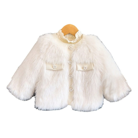 Jalioing Fuzzy Outwear for Kid Girls Patchwork Lace Stand Collar Jackets Long Sleeve Button Dressy Coats (9-10 Years, Beige)