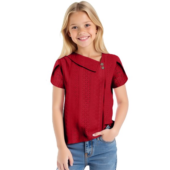 Jalioing Girl's Button V Neck Shirts Loose Short Sleeve Eyelet Tunic Tops Teens Fashion Cute Summer Blouses