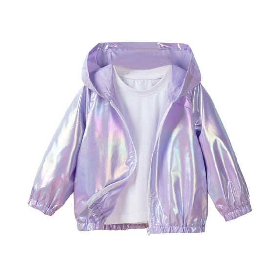 Jalioing Girl's Hooded Jacket Lightweight Zipper Up Coat Spring Fashion Holographic Jacket Outerwear for Kids