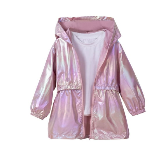 Jalioing Girl's Hooded Jacket Lightweight Zipper Up Coat Spring Fashion Holographic Jacket Outerwear for Kids