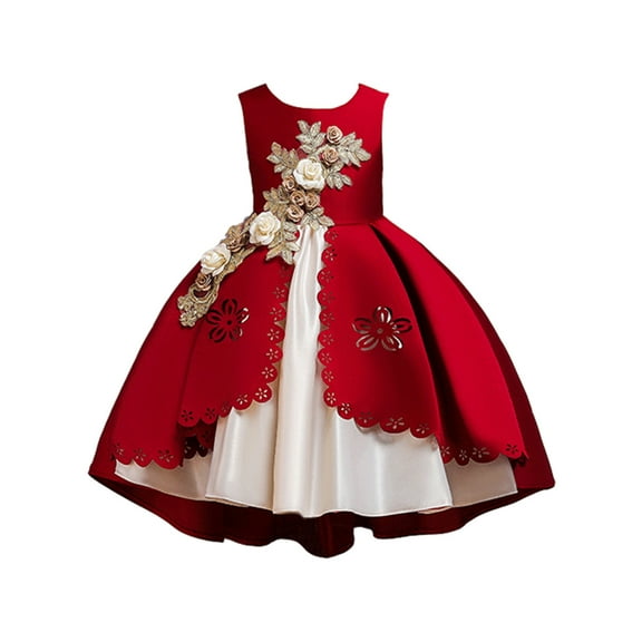 Jalioing Girl's Princess Dress Vintage Child's Puffy Dresses Skirt Sleeveless Embroideries Birthday Sundress (8-9 Years, Red)