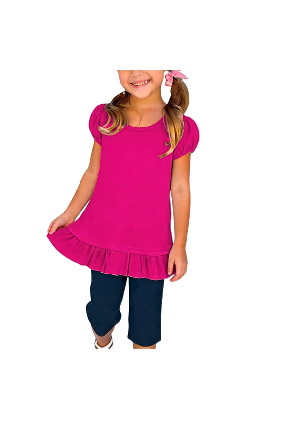 Girl's Summer Tops Ruffle Trim Puff Sleeve Casual Shirts Cute Plain Round Neck Tunic Tee for Kids 1-15 Years