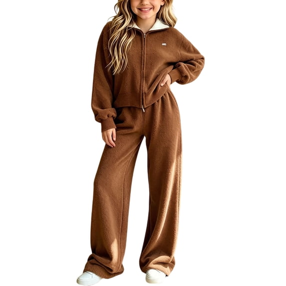 Jalioing Girls 2 Piece Outfits Collared Zip Up Sweater Jacket Pants Set Casual Fashion Knit Set Teen Girls Clothes Set