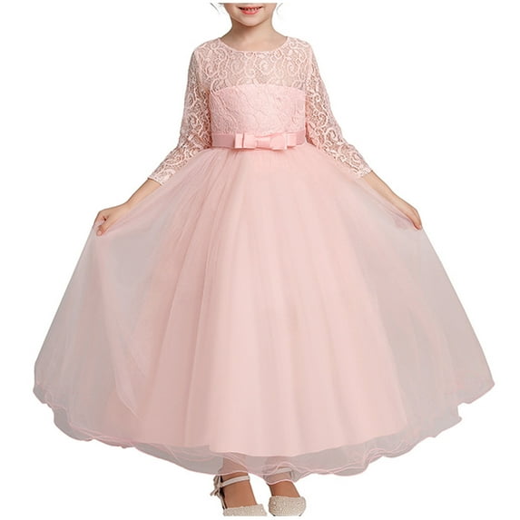 Jalioing Girls Ball Gown Long Sleeve Lace Mesh Princess Dress Elegant Wedding Party Dress Birthday Dress