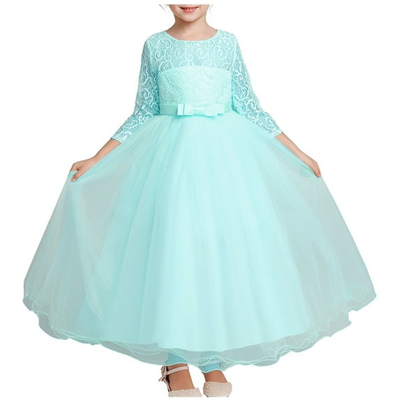Jalioing Girls Ball Gown Long Sleeve Lace Mesh Princess Dress Elegant Wedding Party Dress Birthday Dress