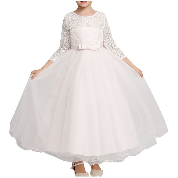 Jalioing Girls Ball Gown Long Sleeve Lace Mesh Princess Dress Elegant Wedding Party Dress Birthday Dress