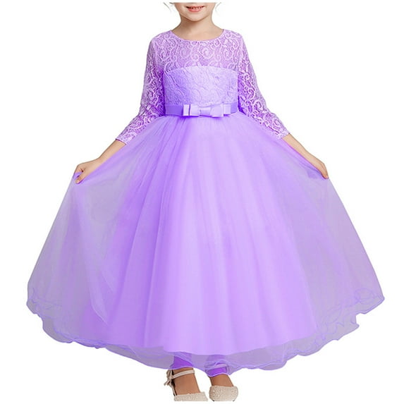 Jalioing Girls Ball Gown Long Sleeve Lace Mesh Princess Dress Elegant Wedding Party Dress Birthday Dress