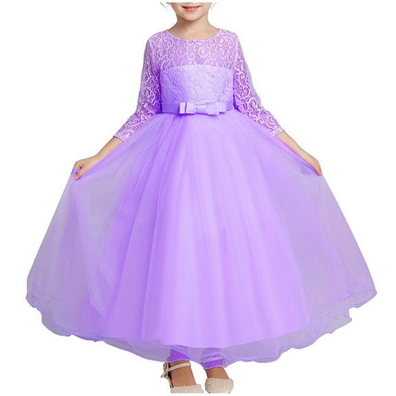 Jalioing Girls Ball Gown Long Sleeve Lace Mesh Princess Dress Elegant Wedding Party Dress Birthday Dress
