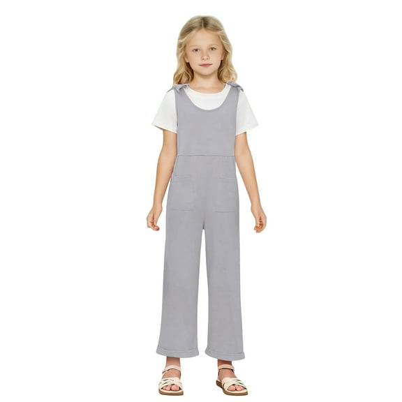 Jalioing Girls Casual Jumpsuit Loose Wide Leg Overalls with Pocket Kids Summer Sleeveless Rompers Long Pants