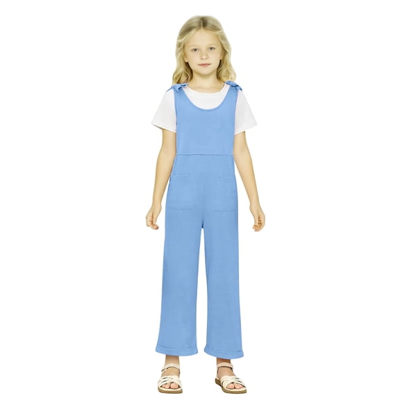 Jalioing Girls Casual Jumpsuit Loose Wide Leg Overalls with Pocket Kids Summer Sleeveless Rompers Long Pants