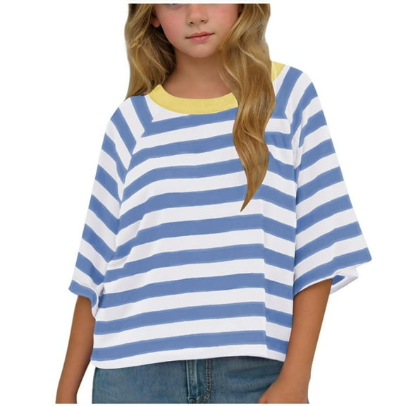 Jalioing Girls Casual T Shirt Loose Short Sleeve Crew Neck Striped Blouse Tops Childrens Summer Fashion Tops