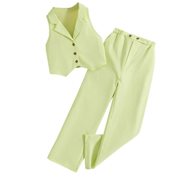 Jalioing Girls Clothes Set 2 Piece Sleeveless Button Down Suit Vest and Long Pants Set Kids Casual Outfits