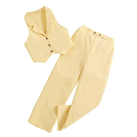 Jalioing Girls Clothes Set 2 Piece Sleeveless Button Down Suit Vest and Long Pants Set Kids Casual Outfits