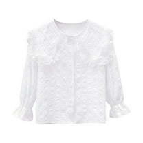 Jalioing Girls Cute Button Down Shirt Ruffle Crew Neck Bell Sleeve Casual Shirts Kids Fashion Tops 3-15 Years