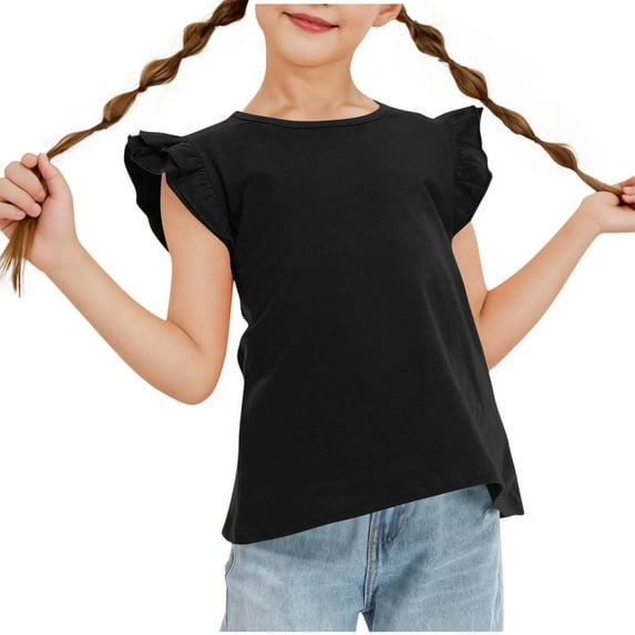 Jalioing Girls Cute Crew Neck Shirts Ruffle Cap Sleeve Solid Color Tunic Tops Toddler Kids Summer Blouses