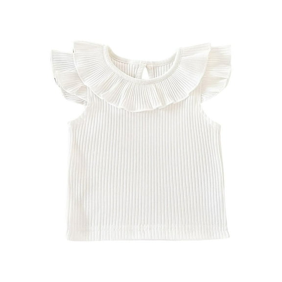 Jalioing Girls Cute Tops Ruffle Cap Sleeve Crew Neck Ribbed Summer Shirts Solid Color Casual Cotton Tees Blouses