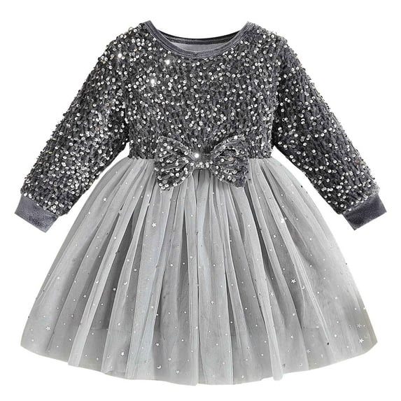 Jalioing Girls Dress Formal Long Sleeve Sequin Party Dress Wedding Pageant Birthday Princess Dress 3-10 Years