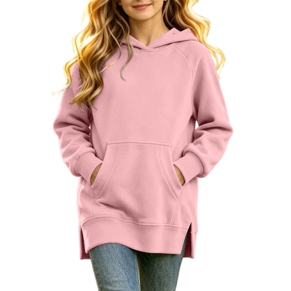 Jalioing Girls Long Hoodies Oversized Long Sleeve Side Slit Pullover Tops Fashion Solid Hooded Sweatshirt with Pocket