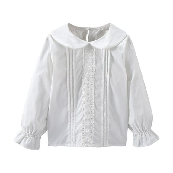 Jalioing Girls Long Sleeve Shirt Collared Button Down Cute Blouses Cotton Solid Color Casual Tops for Kids
