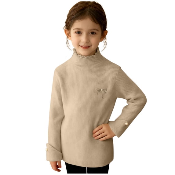 Jalioing Girls Long Sleeve Sweaters Solid Color Ruffle High Neck Pullover Sweater Toddler Kids Casual Cute Knit Tops