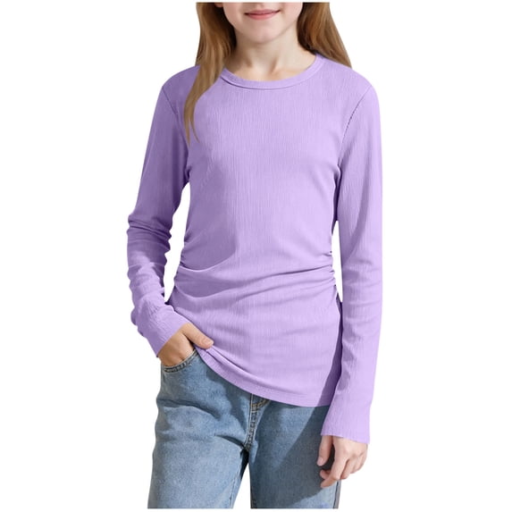 Jalioing Girls Long Sleeve Tops Ribbed Knit Crew Neck Casual Shirts Teens Kids Plain Basic T Shirts Girls Clothes