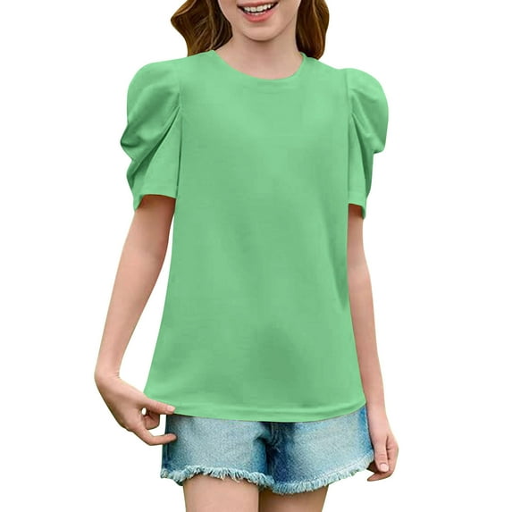 Jalioing Girls Ruffle Short Sleeve Shirts Loose Crew Neck Summer Casual Tunic Blouses Kids Cute Tops 4-14 Years