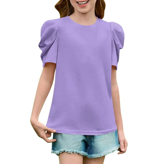 Jalioing Girls Ruffle Short Sleeve Shirts Loose Crew Neck Summer Casual Tunic Blouses Kids Cute Tops 4-14 Years