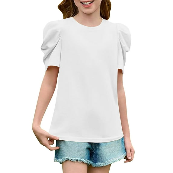 Jalioing Girls Ruffle Short Sleeve Shirts Loose Crew Neck Summer Casual Tunic Blouses Kids Cute Tops 4-14 Years